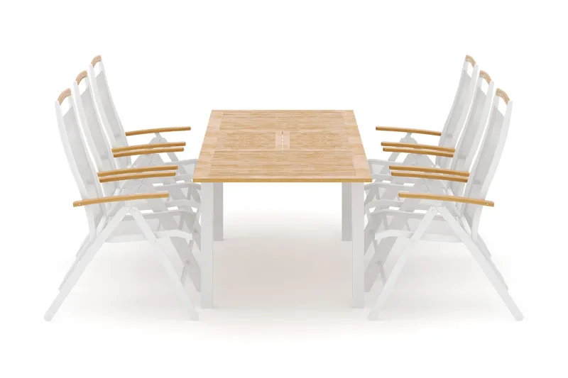 Las Vegas utendørs spisegruppe uttrekkbar 152-210x90 cm med 6 Las Vegas posisjonsstoler, Hvit