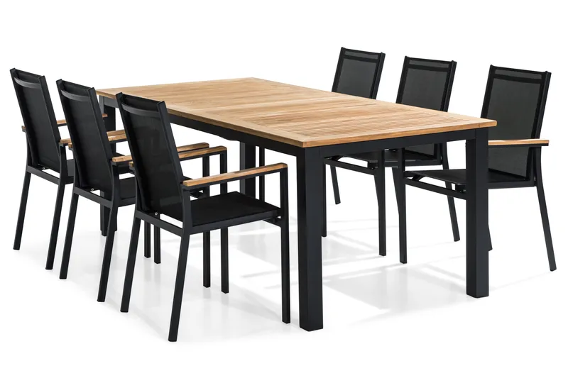 Las Vegas utendørs spisegruppe uttrekkbar 220x280x100 cm med 6 Las Vegas stablestoler, Svart