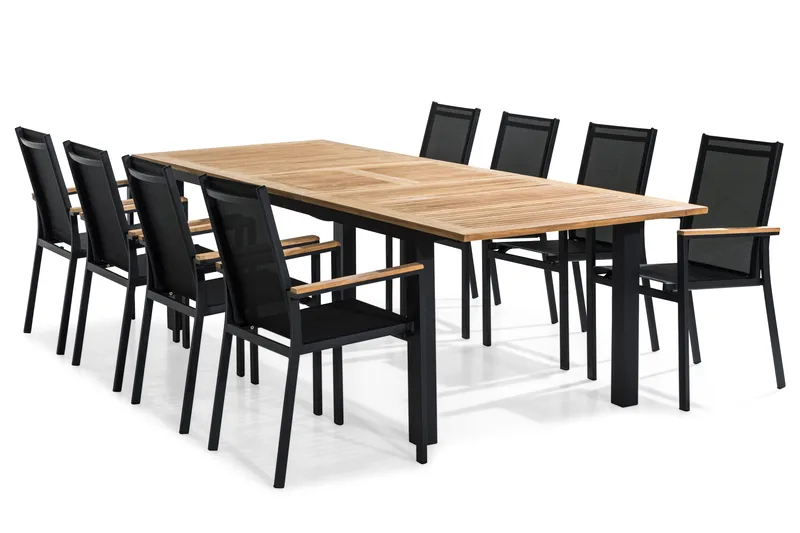 Las Vegas utendørs spisegruppe uttrekkbar 220x280x100 cm med 8 Las Vegas stablestoler, Svart