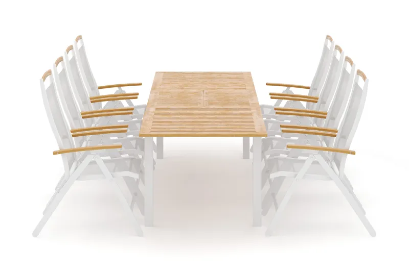 Las Vegas utendørs spisegruppe uttrekkbar 220x280x100 cm med 8 Las Vegas posisjonsstoler, Hvit