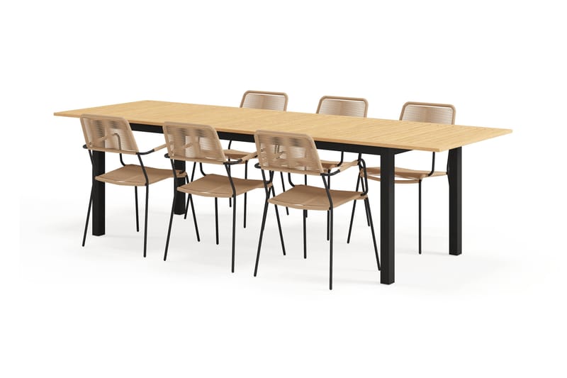 Las Vegas Uttrekkbart Spisebord 220-280 cm med 6 Lindos Spisestoler - Brun/Svart - Hagemøbler & utemiljø - Hagegruppe - Spisegrupper hage