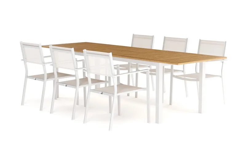 Las Vegas Uttrekkbart Spisebord 220-280 cm med 6 Tunis Armstoler - Natur/Hvit - Hagemøbler & utemiljø - Hagegruppe - Spisegrupper hage