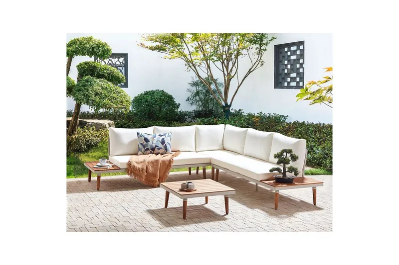 Loungegrupp Beliani Corato Grå/mörkt trä/ljust trä White||Light wood - Hagemøbler & utemiljø - Hagegruppe - Sofagruppe utendørs