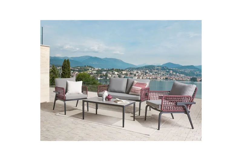 Loungegrupp Beliani Sciacca Grey||Black||Burgundy - Hagemøbler & utemiljø - Hagegruppe - Sofagruppe utendørs