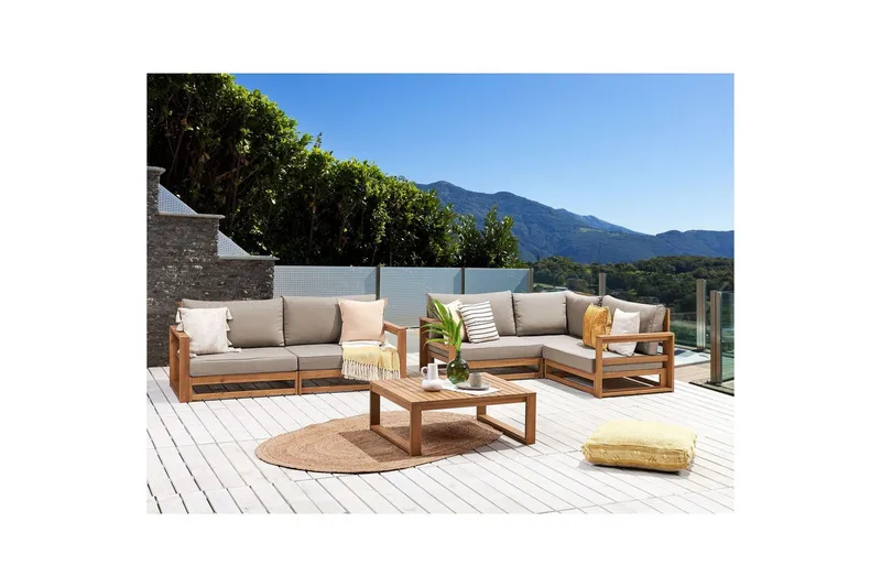 Loungegrupp Beliani Timor 4-sits Ljus trä/grått/beige, Ja Light wood||Grey||Beige - Hagemøbler & utemiljø - Hagegruppe - Sofagruppe utendørs