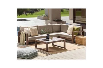 Loungegrupp Beliani Timor Ljus trä/beige, Ja, Högervänd Dark wood||Beige||Grey Right-faced - Hagemøbler & utemiljø - Hagegruppe - Sofagruppe utendørs