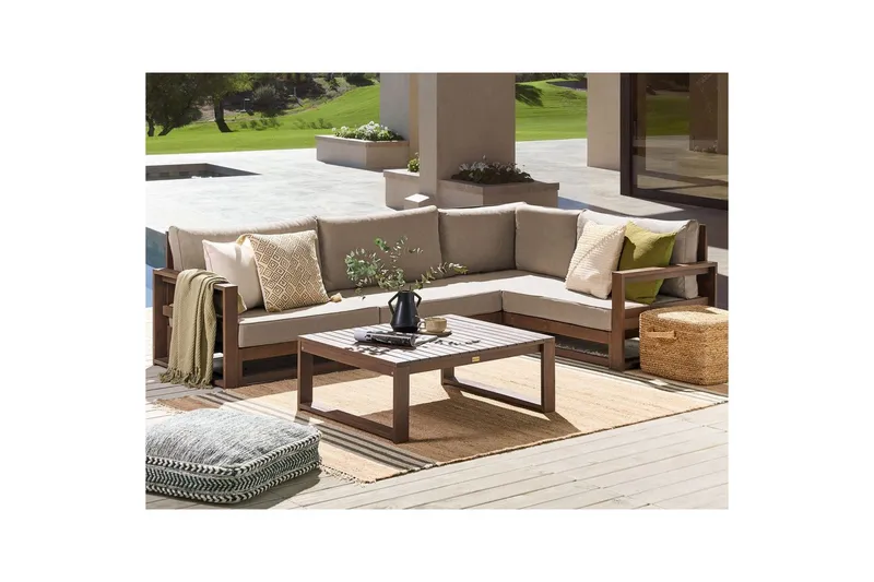 Loungegrupp Beliani Timor Ljus trä/beige, Ja, Högervänd Dark wood||Beige||Grey Right-faced - Hagemøbler & utemiljø - Hagegruppe - Sofagruppe utendørs