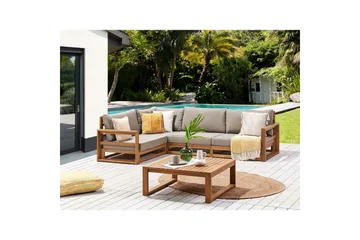 Loungegrupp Beliani Timor Ljus trä/beige, Ja, Högervänd Light wood||Beige Left-faced - Hagemøbler & utemiljø - Hagegruppe - Sofagruppe utendørs