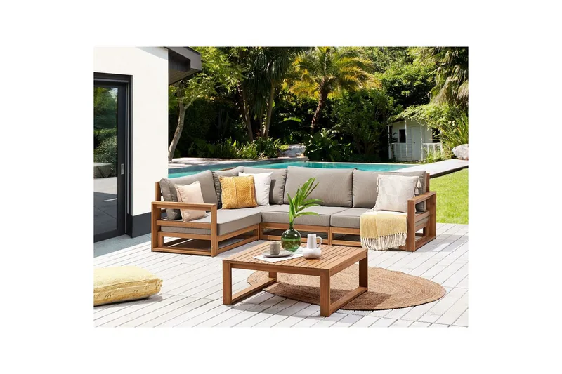 Loungegrupp Beliani Timor Ljus trä/beige, Ja, Högervänd Light wood||Beige Left-faced - Hagemøbler & utemiljø - Hagegruppe - Sofagruppe utendørs