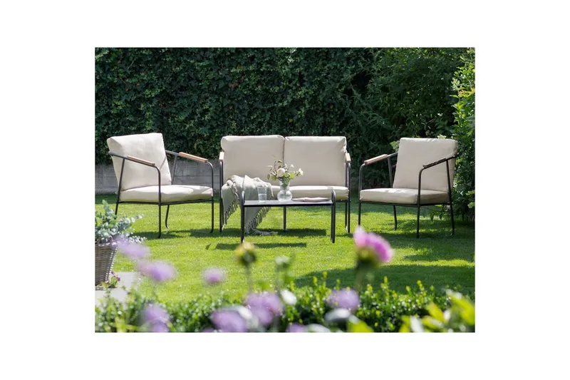 Loungegrupp Beliani Vezzana Beige/ljust trä/svart Beige||Light wood||Black - Hagemøbler & utemiljø - Hagegruppe - Sofagruppe utendørs