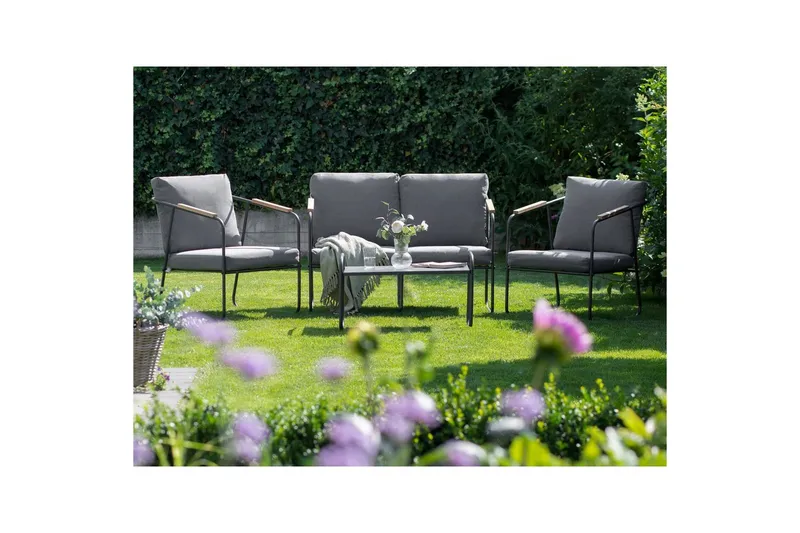 Loungegrupp Beliani Vezzana Beige/ljust trä/svart Grey||Light wood||Black - Hagemøbler & utemiljø - Hagegruppe - Sofagruppe utendørs