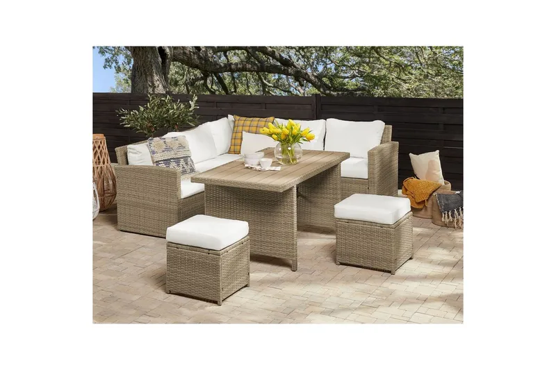 Loungegrupp med bord Beliani Bardi Natur/grå/beige White||Brown - Hagemøbler & utemiljø - Hagegruppe - Sofagruppe utendørs
