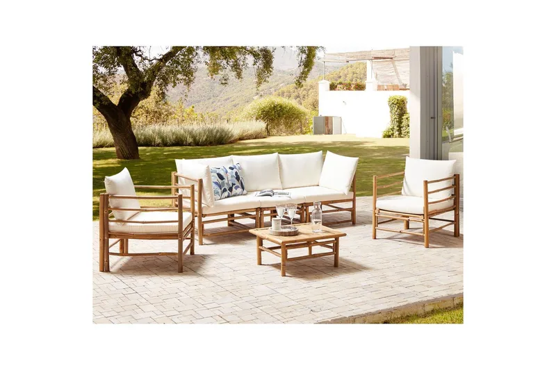 Loungegrupp med bord Beliani Cerreto Beige/ljust trä, 5-Sits White||Light wood - Hagemøbler & utemiljø - Hagegruppe - Sofagruppe utendørs