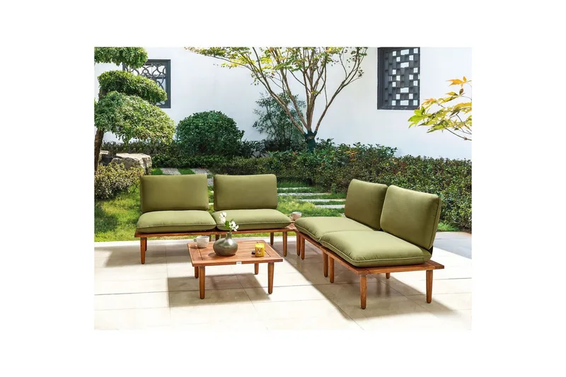 Loungegrupp med bord Beliani Frascati Grönt/ljust trä, 4-Sits Green||Light wood - Hagemøbler & utemiljø - Hagegruppe - Sofagruppe utendørs