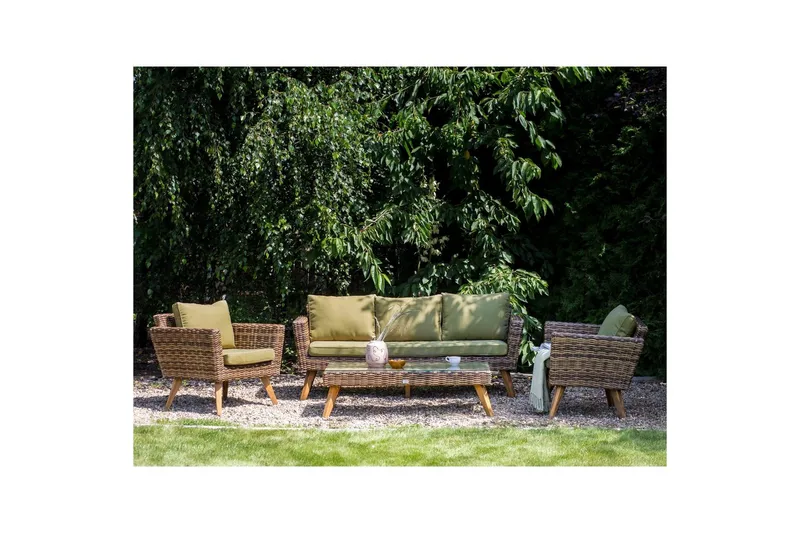 Loungegrupp med bord Beliani Vittoria Beige/grönt/mörkt trä, 5-Sits Beige||Green||Dark wood - Hagemøbler & utemiljø - Hagegruppe - Sofagruppe utendørs