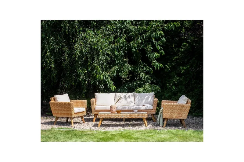 Loungegrupp med bord Beliani Vittoria Beige/grönt/mörkt trä, 5-Sits Beige||White||Light wood - Hagemøbler & utemiljø - Hagegruppe - Sofagruppe utendørs