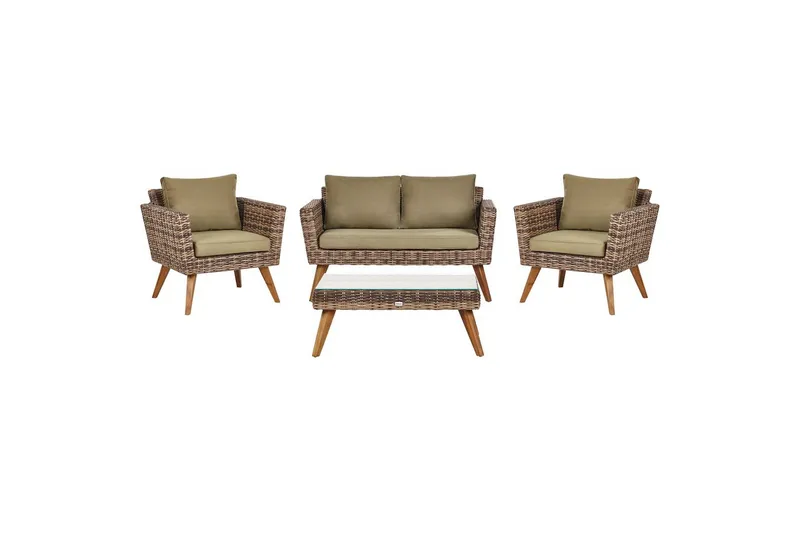 Loungegrupp med bord Beliani Vittoria Naturligt/grönt/ljust trä, 4-Sits Natural||Green||Light wood