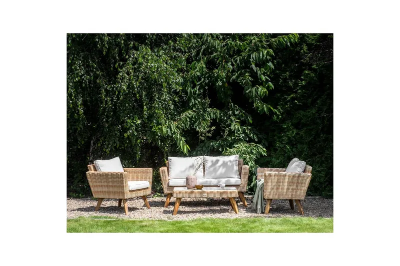 Loungegrupp med bord Beliani Vittoria Naturligt/grönt/ljust trä, 4-Sits Natural||White||Light wood - Hagemøbler & utemiljø - Hagegruppe - Sofagruppe utendørs