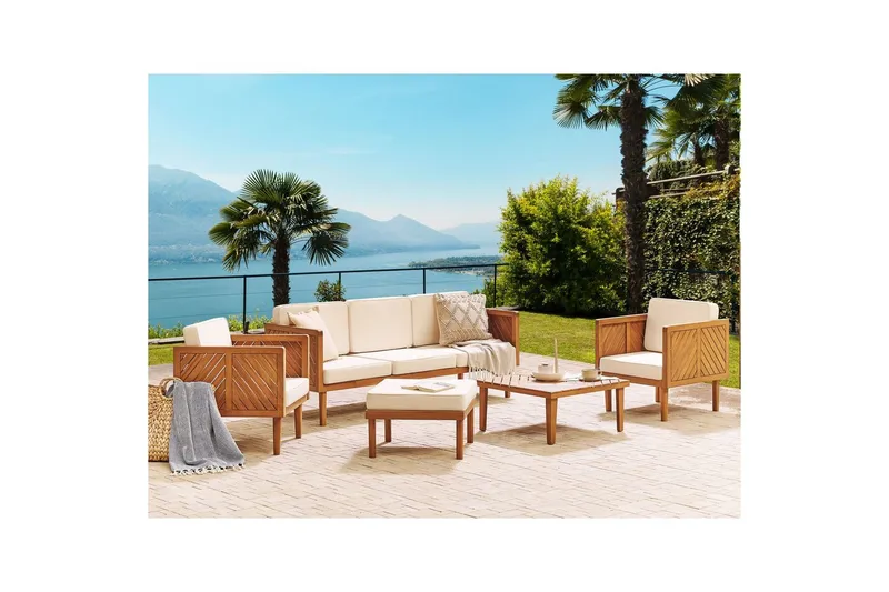 Loungegrupp med fotpall Beliani Baratti Light wood||Beige - Hagemøbler & utemiljø - Hagegruppe - Sofagruppe utendørs