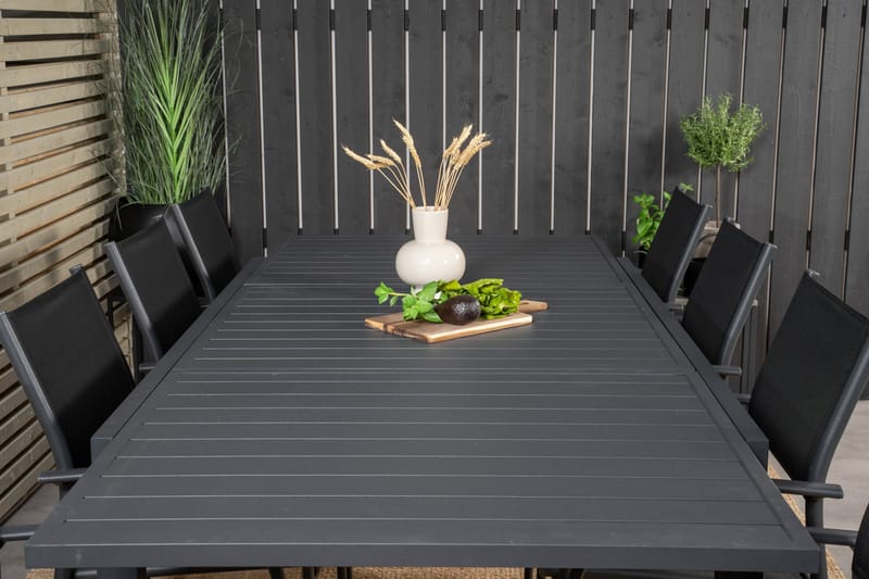 Marbella Spisegruppe 160-240 cm Rektangulær med 8 Santorini Stoler - Svart - Hagemøbler & utemiljø - Hagegruppe - Spisegrupper hage