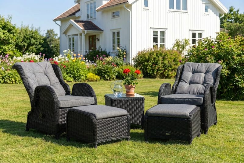 Marcus Cafésett med 2 Reclinerlenestoler m Pute - Svart - Hagemøbler & utemiljø - Hagegruppe - Cafemøbler & cafesett