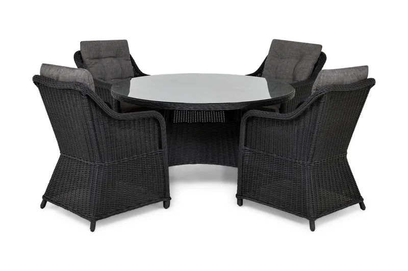 Marcus Spisegruppe 140 Rund + 4 Lenestoler m Pute - Svart - Hagemøbler & utemiljø - Hagegruppe - Spisegrupper hage