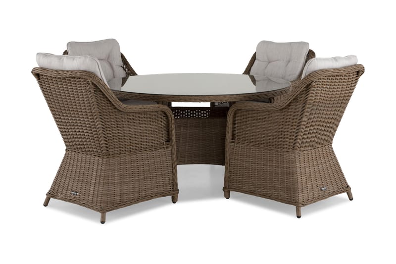 Marcus Spisegruppe 140 Rund + 4 Lenestoler m Pute, Natur