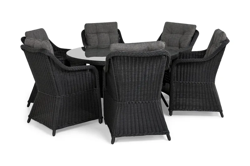 Marcus Spisegruppe 140 Rund + 6 Lenestoler m Pute - Svart - Hagemøbler & utemiljø - Hagegruppe - Spisegrupper hage