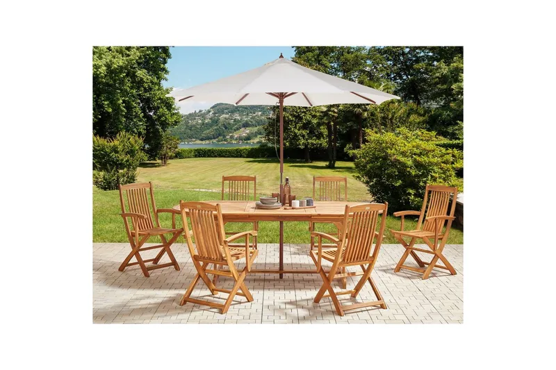 Matsalsset Beliani Maui II med parasoll Ljus trä/beige, 6-Sits Light wood||Beige