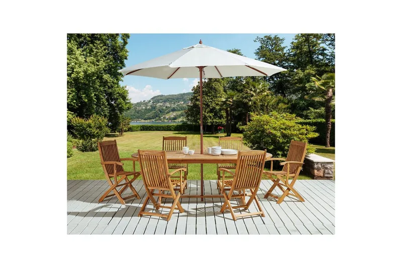 Matsalsset Beliani Maui med parasoll 8-sits Ljus trä/beige Light wood||Beige - Hagemøbler & utemiljø - Hagegruppe - Spisegrupper hage