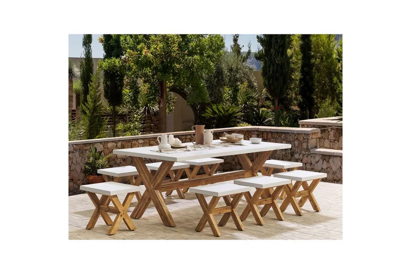 Matsalsset Beliani Olbia 8-Sits White||Light wood - Hagemøbler & utemiljø - Hagegruppe - Spisegrupper hage