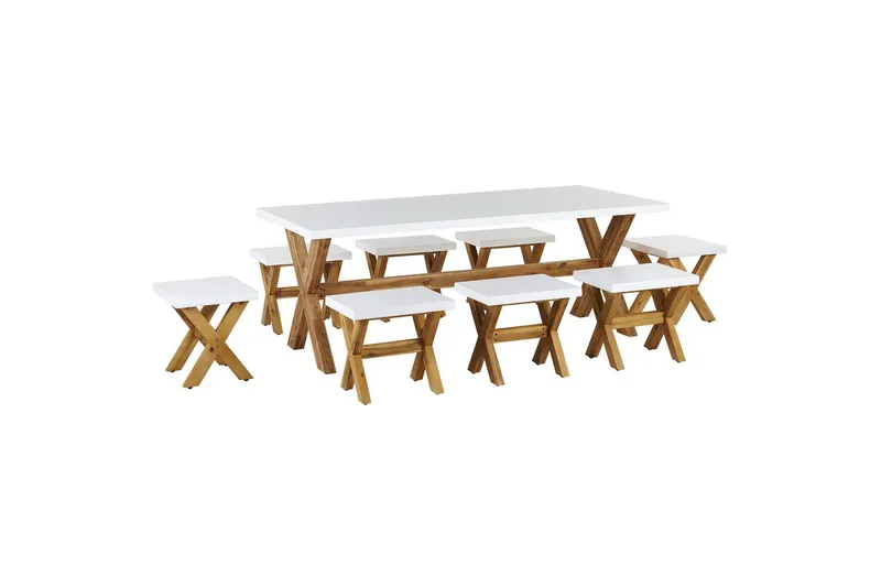 Matsalsset Beliani Olbia 8-Sits White||Light wood