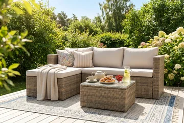 Mendoza l-formet 4-seters sofagruppe i kunstrotting for altan og terrasse - Brun / beige puter - Hagemøbler & utemiljø - Hagegruppe - Sofagruppe utendørs