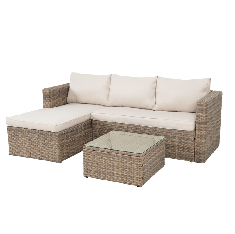 Mendoza l-formet 4-seters sofagruppe i kunstrotting for altan og terrasse - Brun / beige puter - Hagemøbler & utemiljø - Hagegruppe - Sofagruppe utendørs