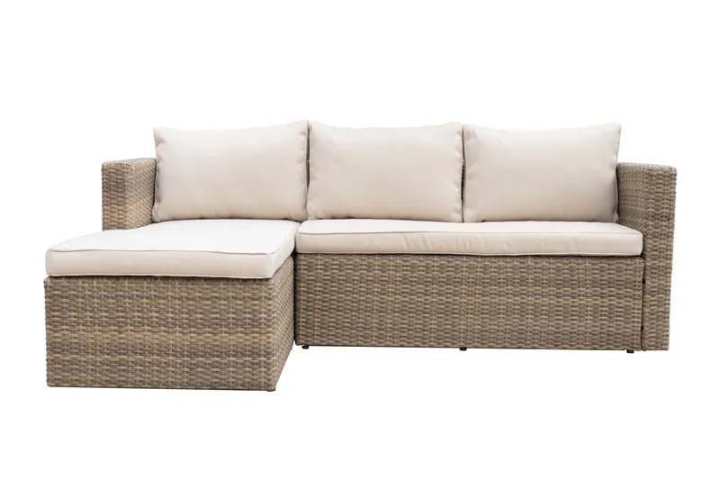 Mendoza l-formet 4-seters sofagruppe i kunstrotting for altan og terrasse - Brun / beige puter - Hagemøbler & utemiljø - Hagegruppe - Sofagruppe utendørs