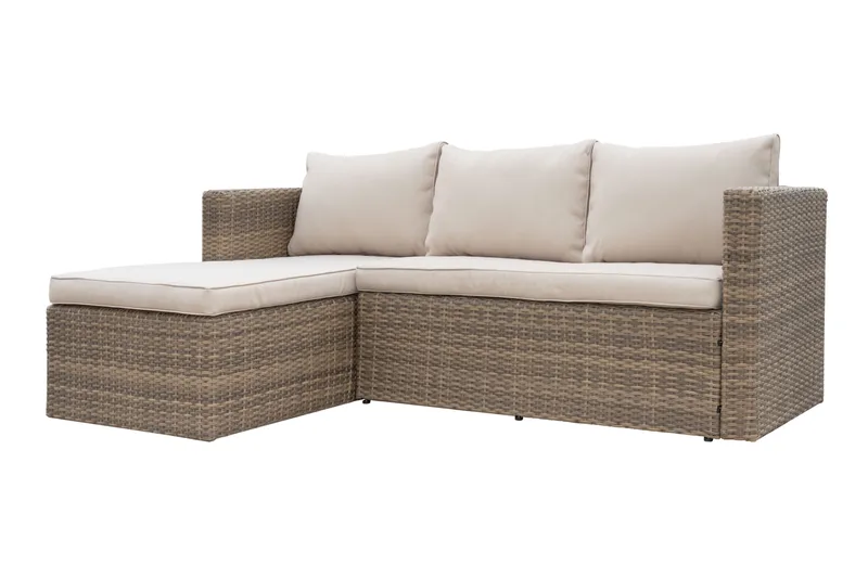 Mendoza l-formet 4-seters sofagruppe i kunstrotting for altan og terrasse - Brun / beige puter - Hagemøbler & utemiljø - Hagegruppe - Sofagruppe utendørs