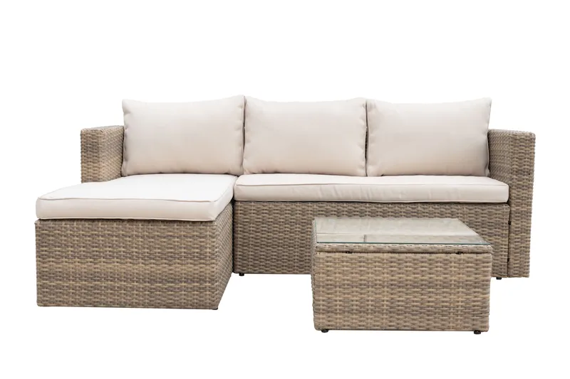 Mendoza l-formet 4-seters sofagruppe i kunstrotting for altan og terrasse, Brun / beige puter