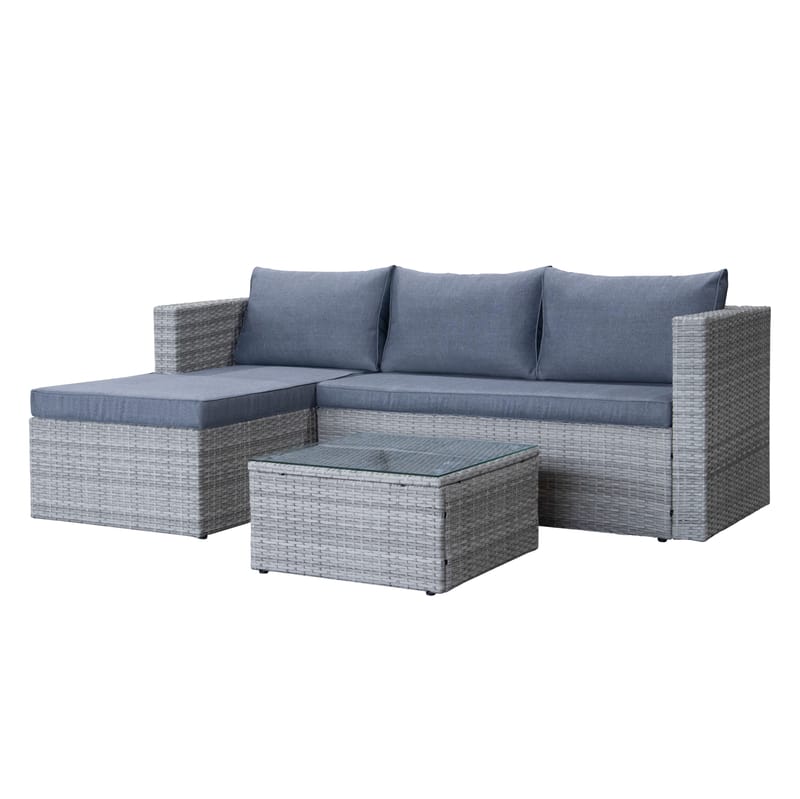 Mendoza l-formet 4-seters sofagruppe i kunstrotting for altan og terrasse - Grå / blå puter - Hagemøbler & utemiljø - Hagegruppe - Sofagruppe utendørs