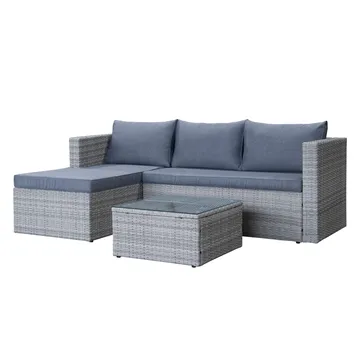 Mendoza l-formet 4-seters sofagruppe i kunstrotting for altan og terrasse - Grå / blå puter - Hagemøbler & utemiljø - Hagegruppe - Sofagruppe utendørs