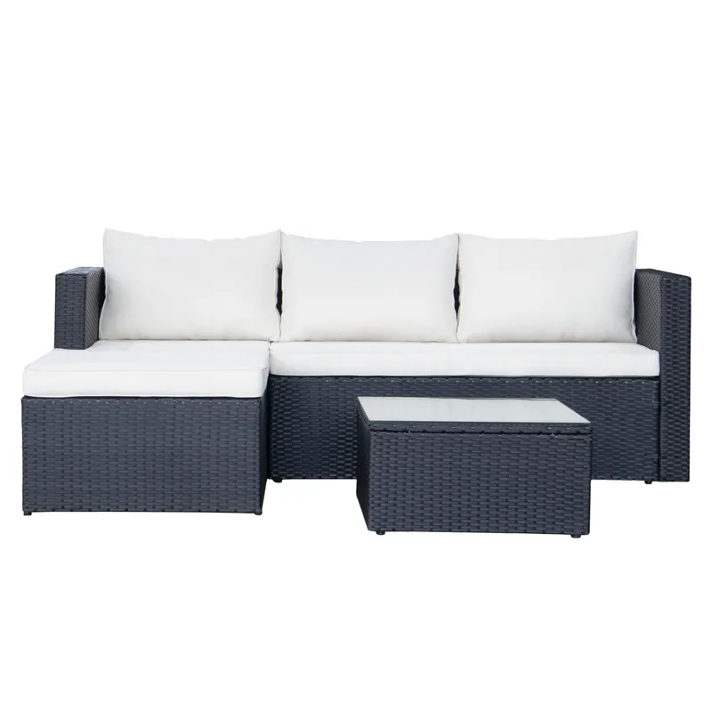 Mendoza l-formet 4-seters sofagruppe i kunstrotting for altan og terrasse, Svart / hvite puter