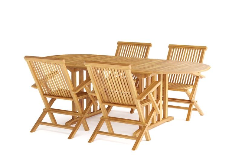 Menorca Liten Spisegruppe Utendørs – Ovalt forlengbart utebord med 4 armstoler i tre - Teak / Natur - Hagemøbler & utemiljø - Hagegruppe - Spisegrupper hage