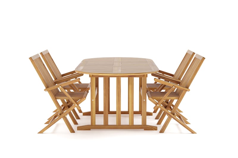 Menorca Liten Spisegruppe Utendørs – Ovalt forlengbart utebord med 4 armstoler i tre - Teak / Natur - Hagemøbler & utemiljø - Hagegruppe - Spisegrupper hage
