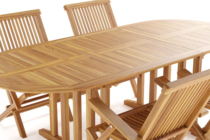 Menorca Liten Spisegruppe Utendørs – Ovalt forlengbart utebord med 4 armstoler i tre - Teak / Natur - Hagemøbler & utemiljø - Hagegruppe - Spisegrupper hage