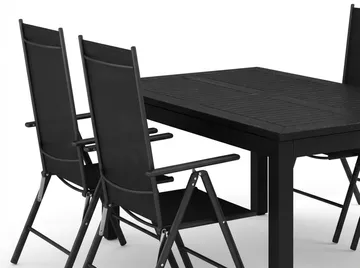 Monaco utendørs spisegruppe, uttrekkbar 150–250x90 med 4 Maggie regulerbare stoler - Svart/Grå - Hagemøbler & utemiljø - Hagegruppe - Spisegrupper hage