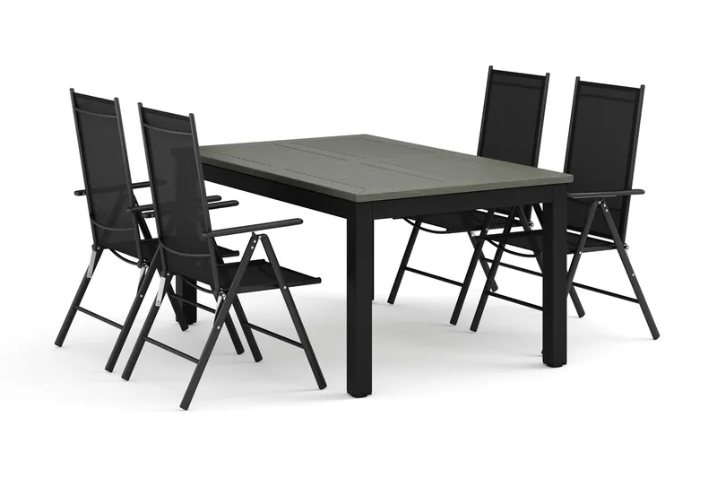 Monaco utendørs spisegruppe, uttrekkbar 150–250x90 med 4 Maggie regulerbare stoler, Svart/Grå