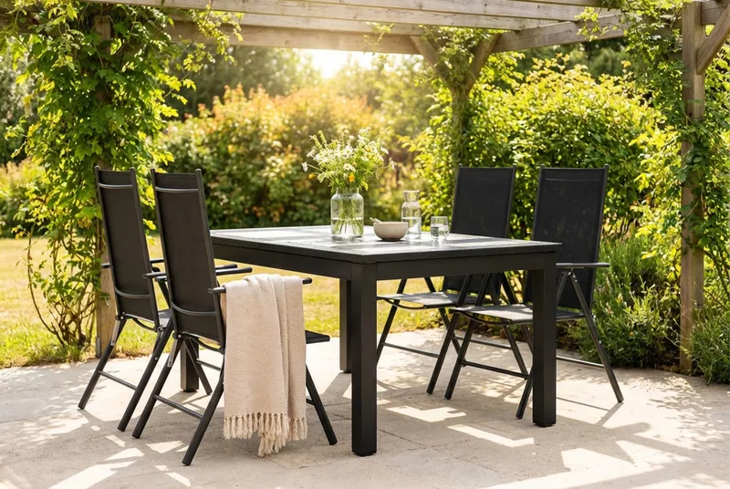 Monaco utendørs spisegruppe, uttrekkbar 150–250x90 med 4 Maggie regulerbare stoler - Svart/Grå - Hagemøbler & utemiljø - Hagegruppe - Spisegrupper hage