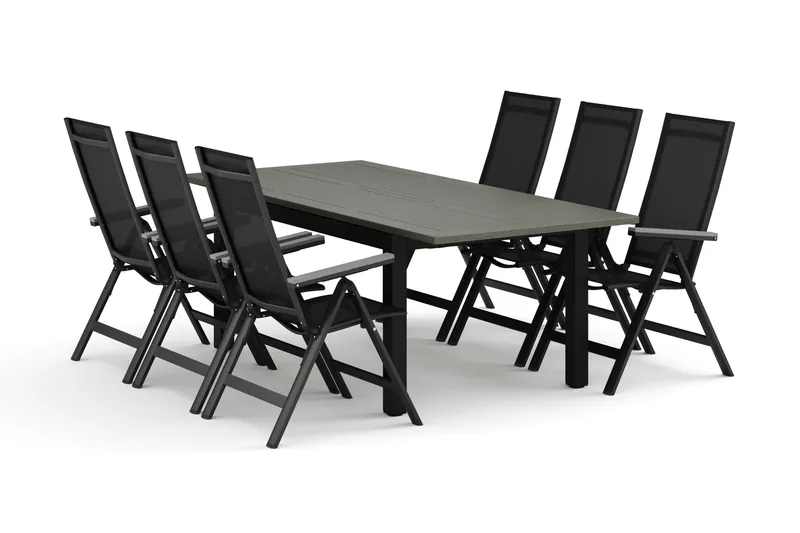 Monaco utendørs spisegruppe, uttrekkbar 150–250x90 med 6 Monaco Light regulerbare stoler, Svart/Grå
