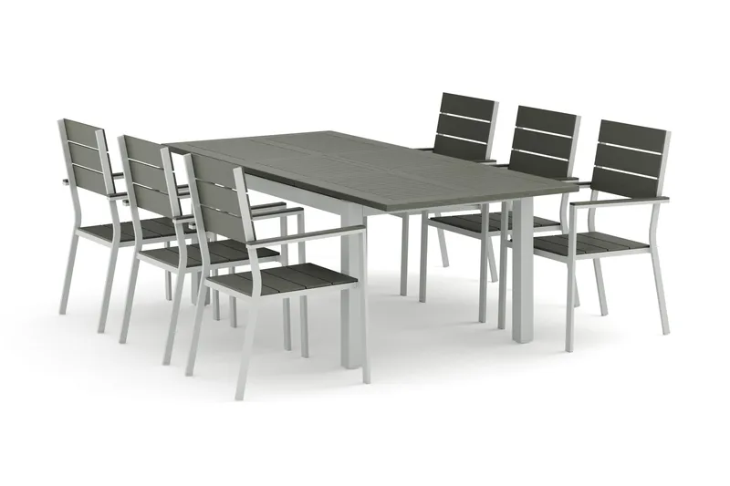 Monaco utendørs spisegruppe, uttrekkbar 150–250x90 med 6 Tunis stablestoler, Hvit/Grå
