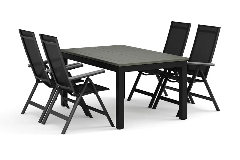 Monaco utendørs spisegruppe, uttrekkbar 150-250x90 med 4 Monaco Light regulerbare stoler, Svart/Grå
