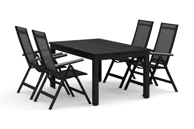 Monaco utendørs spisegruppe, uttrekkbar 150-250x90 med 4 Monaco Light regulerbare stoler, Svart/Grå